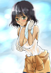 Rule 34 | 10s, 1girl, bad id, bad pixiv id, black hair, blue background, blush, breasts, cleavage, covered navel, downblouse, girls und panzer, green eyes, hoshino (girls und panzer), large breasts, no bra, open mouth, short hair, simple background, solo, standing, sweat, tank top, toku meiko, towel