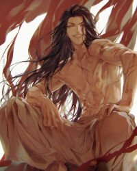 Rule 34 | 1boy, abs, arm on knee, arm rest, black hair, grey eyes, grin, haban (haban35), hand on own knee, highres, jang il so (return of the mount hua sect), long hair, looking at viewer, male focus, messy hair, on floor, parted lips, pectorals, return of the mount hua sect, scar, scar on arm, scar on chest, scar on stomach, smile, solo, teeth, topless male, upper body, wind