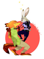 Rule 34 | artist request, rabbit, disney, fox, full body, green eyes, judy hopps, looking at another, lying, nick wilde, on side, police, police uniform, simple background, standing, standing on person, trample, uniform, white background, zootopia