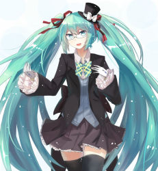 Rule 34 | 1girl, a5125924, bad id, bad pixiv id, bespectacled, bow, bowtie, echj, glasses, gloves, green eyes, green hair, hair ribbon, hat, hatsune miku, long hair, matching hair/eyes, mini hat, mini top hat, ribbon, skirt, solo, thighhighs, top hat, twintails, very long hair, vocaloid
