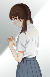 Rule 34 | 1girl, blouse, brown eyes, brown hair, cowboy shot, from behind, from side, grey background, grey skirt, interlocked fingers, looking at viewer, looking back, low twintails, mattaku mousuke, nape, open mouth, original, own hands clasped, own hands together, pleated skirt, school uniform, shirt, short sleeves, shy, skirt, solo, twintails, white shirt