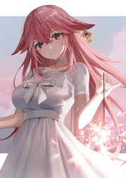 Rule 34 | absurdres, blush, breasts, choker, churi (oxxchurixxo), dress, fireworks, genshin impact, hair ornament, highres, large breasts, long hair, looking at viewer, outdoors, parted lips, pink hair, purple eyes, short sleeves, smile, solo, sparkler, white choker, white dress, yae miko