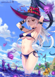 Rule 34 | 1girl, arm garter, armband, armpits, arms behind head, artist name, beach, bikini, breasts, buckle, choker, cloud, day, eyelashes, ghost, hair over one eye, hat, highres, jack-o&#039;-lantern, long hair, looking away, medium breasts, navel, original, outdoors, parted lips, partially submerged, red eyes, side-tie bikini bottom, skull, sky, smile, solo, staff, strap gap, string bikini, swimsuit, wading, wet, white hair, witch hat, wolksheep