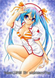 Rule 34 | 1girl, bikini, bikini top only, blue eyes, blue hair, bra, breasts, cleavage, female focus, front-tie top, glasses, hat, long hair, looking at viewer, matching hair/eyes, nightmare77zx, nurse, open clothes, orange bikini, original, ribbon, sandals, shoes, solo, striped bra, striped clothes, swimsuit, syringe, thighs, toeless footwear, traditional media, twintails, underwear