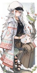 Rule 34 | 1girl, bird, black footwear, black nails, black shirt, bracelet, brown skirt, cabbie hat, closed mouth, coat, commentary, creature, creature on lap, cross, cross necklace, dot mouth, expressionless, full body, grey hair, hat, highres, in tree, jewelry, kemomin nosuke, looking at viewer, nail polish, necklace, open clothes, open coat, original, pink eyes, pleated skirt, sandals, shirt, simple background, sitting, sitting in tree, skirt, solo, toenail polish, toenails, toes, tree, white background, white coat, white hat