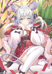 Rule 34 | 1girl, ahoge, animal ear fluff, animal ears, bamboo, black bow, black footwear, blush, bow, branch, cherry blossoms, closed mouth, commentary request, flower, fur collar, hair between eyes, japanese clothes, kadomatsu, kimono, long sleeves, looking at viewer, mouse ears, mouse girl, mouse tail, obi, original, pink flower, platform footwear, pleated skirt, red skirt, sash, silver hair, skirt, smile, solo, tail, thighhighs, topia, watermark, white kimono, white thighhighs, wide sleeves, yellow eyes