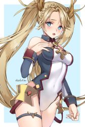 Rule 34 | 1girl, absurdres, armor, bare shoulders, blonde hair, blue eyes, blue gloves, blue leotard, blush, bradamante (fate), bradamante (first ascension) (fate), braid, breasts, cleavage, crown braid, elbow gloves, fate/grand order, fate (series), faulds, gloves, highleg, highleg leotard, highres, leotard, long hair, looking at viewer, medium breasts, open mouth, shizukodesu, solo, thigh strap, thighs, twintails, two-tone gloves, two-tone leotard, very long hair, white gloves, white leotard