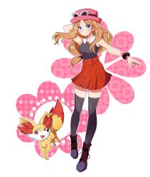 Rule 34 | 1girl, arm behind head, blue eyes, blush, boots, bracelet, brown hair, closed mouth, collared shirt, commentary, creatures (company), english commentary, eyelashes, eyewear on headwear, fennekin, full body, game freak, gen 6 pokemon, hat, highres, jewelry, long hair, looking at viewer, miyuki tsukiyono, nintendo, outline, parted bangs, pink headwear, pokemon, pokemon (creature), pokemon xy, red skirt, serena (pokemon), shirt, skirt, sleeveless, sleeveless shirt, smile, split mouth, sunglasses, thighhighs, transparent background