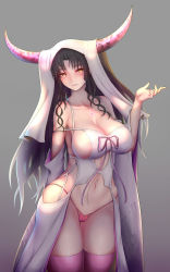 Rule 34 | 1girl, arm behind back, bare shoulders, black hair, breasts, chest tattoo, cleavage, cowboy shot, curvy, fate/grand order, fate (series), fingernails, glint, gradient background, grey background, head tilt, highres, horns, huge breasts, legs together, long fingernails, long hair, looking at viewer, navel piercing, nikuku (kazedesune), parted bangs, parted lips, piercing, pink thighhighs, revealing clothes, see-through, sessyoin kiara, sideboob, simple background, skindentation, solo, standing, tattoo, thighhighs, thighs, very long hair, wavy hair, wide hips