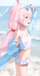 Rule 34 | 1girl, absurdres, ahoge, arm up, beach, beads, bikini, blue archive, blurry, blurry background, blush, breasts, collarbone, frilled bikini, frills, hair beads, hair ornament, halo, highres, hoshino (blue archive), hoshino (swimsuit) (blue archive), huge ahoge, long hair, looking ahead, looking at viewer, navel, outdoors, pink hair, profile, shaka (user fmwh2232), small breasts, smile, solo, stomach, swimsuit, very long hair, white bikini