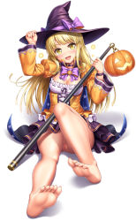 Rule 34 | 1girl, :d, bang dream!, barefoot, blonde hair, blunt bangs, bow, breasts, cape, choker, cleavage, cleft of venus, feet, full body, halloween, hand on headwear, hat, head tilt, jack-o&#039;-lantern, juliet sleeves, lambda (kusowarota), long hair, long sleeves, looking at viewer, medium breasts, open mouth, print cape, puffy sleeves, purple bow, pussy, ribbon trim, simple background, sitting, skirt, smile, soles, solo, staff, star (symbol), star print, toes, tsurumaki kokoro, uncensored, white background, wide sleeves, witch hat, yellow eyes