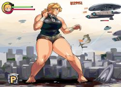 Rule 34 | 1girl, alien invasion, bakugeki no g, bandages, bare shoulders, barefoot, black shirt, blonde hair, blue eyes, breasts, building, city, curvy, destruction, fighting stance, giant, giantess, health bar, highres, large breasts, muscular, ponytail, road, shirt, shorts, solo, spaceship, standing, street, thick thighs, thighs, video game, wide hips, zipper