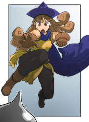 Rule 34 | 1girl, :o, alena (dq4), attack, bad id, bad pixiv id, battle, belt, black pantyhose, boots, breasts, brown eyes, brown hair, cape, chunsoft, clenched hand, curly hair, dragon quest, dragon quest iv, dress, enix, eye contact, fighting stance, framed, gloves, gradient background, hat, highres, jumping, long hair, looking at another, metal slime, open mouth, orange hair, otsuaki, outside border, outstretched hand, pantyhose, red eyes, short sleeves, side slit, sleeves rolled up, slime, small breasts, solo, strap, very long hair, wide hips