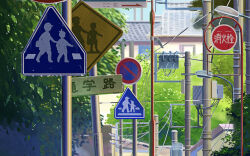 Rule 34 | blurry, blurry background, building, cityscape, commentary, day, derivative work, film grain, furumiya-underson, highres, house, kimi no na wa., lamppost, nature, no humans, power lines, road sign, scenery, shinjuku (tokyo), sign, tokyo (city), tree, utility pole, window