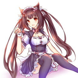 Rule 34 | 10s, 1girl, :d, animal ears, apron, bell, black thighhighs, bow, bowtie, brown hair, cat ears, chocola (nekopara), cleavage cutout, clothing cutout, frilled apron, frills, hair ribbon, highres, jingle bell, long hair, looking at viewer, maid, maid apron, maid headdress, nekopara, open mouth, paw pose, puffy short sleeves, puffy sleeves, red eyes, ribbon, ribbon-trimmed clothes, ribbon trim, short sleeves, simple background, sitting, smile, solo, thighhighs, twintails, uniform, very long hair, waist apron, white background, wrist cuffs, wsman
