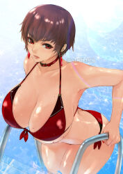 Rule 34 | artist name, bare shoulders, bikini, breasts, brown hair, choker, cleavage, collarbone, commentary request, earrings, fingernails, highres, jewelry, large breasts, looking at viewer, nail polish, parted lips, pool ladder, red bikini, red eyes, shiny skin, short hair, simple background, sk (sk-g), solo, sparkle, swimsuit, the king of fighters, the king of fighters xv, thighs, vice (kof), water, water drop