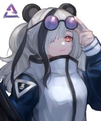 Rule 34 | 1girl, :3, animal ears, arknights, bad id, bad pixiv id, bear ears, black sleeves, commentary, eyewear on head, feater (arknights), hair over one eye, haqlue, highres, jacket, long sleeves, looking at viewer, multicolored hair, puffy long sleeves, puffy sleeves, purple-tinted eyewear, red eyes, round eyewear, simple background, sleeve cuffs, smug, solo, streaked hair, sunglasses, sunglasses on head, tinted eyewear, twintails, upper body, white background, white hair, white jacket
