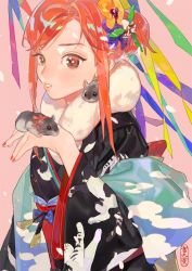 Rule 34 | 1girl, bow, flower, hair flower, hair ornament, japanese clothes, kimono, kuribulb, long hair, long sleeves, mouse (animal), nail polish, original, parted lips, pink background, print kimono, purple bow, red hair, red nails, simple background, solo, upper body, wide sleeves, yellow flower