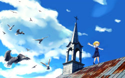 Rule 34 | 1girl, bad id, bad pixiv id, balancing, bird, blonde hair, cloud, cross, day, embodiment of scarlet devil, female focus, open mouth, outstretched arms, red eyes, rooftop, rumia, short hair, sky, socks, solo, spread arms, touhou, tsuyuki, tsuyuki (yukitgraph), walking
