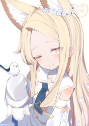 Rule 34 | 1girl, absurdres, animal ear fluff, animal ears, bird, blonde hair, blue archive, blue necktie, blush, bow, bright pupils, buttons, closed mouth, commentary request, detached sleeves, dress, flat chest, flower, flower wreath, forehead, fox ears, hair flower, hair ornament, half-closed eyes, halo, highres, light blush, long-tailed tit, long hair, looking at viewer, looking up, necktie, one eye closed, parted bangs, rotroto, sailor collar, seia (blue archive), simple background, sleeve bow, sleeves past fingers, sleeves past wrists, smile, solo, sparkle, split mouth, tit (bird), upper body, white background, white bird, white bow, white dress, white flower, white pupils, white sailor collar, yellow bow, yellow eyes, yellow halo