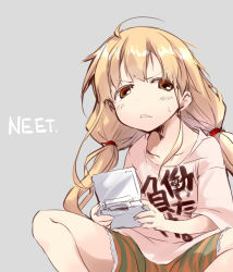 Rule 34 | 10s, 1girl, annoyed, blonde hair, blush, clothes writing, d:, d:&lt;, futaba anzu, grey background, handheld game console, idolmaster, idolmaster cinderella girls, long hair, matsuno canel, neet, nintendo, nintendo 3ds, open mouth, playing games, shirt, shorts, simple background, sitting, solo, t-shirt, text focus, translated, twintails, v-shaped eyebrows, yellow eyes