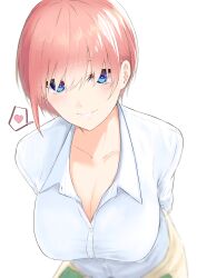 Rule 34 | 1girl, absurdres, akaneiro (akane color35), arms behind back, blue eyes, blurry, blush, breasts, cleavage, collarbone, commentary, depth of field, eyebrows hidden by hair, eyelashes, foreshortening, go-toubun no hanayome, hair between eyes, heart, heart-shaped pupils, highres, large breasts, leaning forward, looking at viewer, nakano ichika, parted lips, pink hair, school uniform, short hair, sidelighting, simple background, smile, solo, spoken heart, standing, straight hair, symbol-shaped pupils, upper body, white background