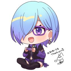 Rule 34 | 1girl, :d, black jacket, black shorts, black thighhighs, blue hair, blush, chibi, commentary request, commission, earrings, full body, glasses, gradient hair, hair over one eye, highres, holding, indie virtual youtuber, jacket, jewelry, kitasaya ai (vtuber), kurono kito, large head, long sleeves, multicolored hair, nail polish, navel, open mouth, puffy long sleeves, puffy sleeves, purple-tinted eyewear, purple eyes, purple hair, purple nails, short shorts, shorts, simple background, skeb commission, sleeves past wrists, smile, solo, thank you, thighhighs, tinted eyewear, translation request, virtual youtuber, white background