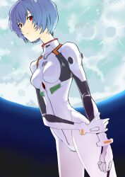 Rule 34 | 1girl, arm at side, ayanami rei, blue hair, bodysuit, breasts, commentary, cowboy shot, dutch angle, expressionless, from side, full moon, hand on own arm, highres, interface headset, looking at viewer, looking to the side, moon, neon genesis evangelion, night, night sky, outdoors, pale skin, pilot suit, plugsuit, red eyes, short hair, sky, small breasts, solo, standing, white bodysuit, yoshioka pochi