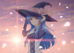 Rule 34 | 1girl, absurdres, black hat, black shirt, blue eyes, blue hair, bow, breasts, chtholly nota seniorious, cloud, crying, crying with eyes open, floating hair, flower, guiyexiazhi, hat, hat bow, hat flower, highres, long hair, long sleeves, medium breasts, petals, pink bow, pink flower, shirt, shuumatsu nani shitemasu ka?, sky, smile, solo, star (sky), starry sky, sunset, tears, upper body, very long hair, witch hat
