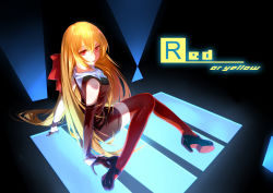 Rule 34 | 1girl, absurdres, blonde hair, bow, gloves, hair bow, highres, looking at viewer, original, red eyes, sitting, solo, thighhighs, wu (4401153), zettai ryouiki