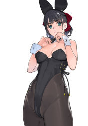 Rule 34 | 1girl, animal ears, bare shoulders, black hair, black pantyhose, blue eyes, blush, bow, bowtie, breasts, cleavage, detached collar, fake animal ears, highres, large breasts, leotard, looking at viewer, medium breasts, mibu natsuki, original, pantyhose, playboy bunny, rabbit ears, simple background, solo, sweatdrop, white background, wrist cuffs