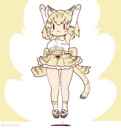 Rule 34 | 1girl, animal ears, arms up, belt, bow, bowtie, cat ears, cat girl, cat tail, coroha, elbow gloves, extra ears, full body, gloves, grey background, grey hair, jumping, kemono friends, looking at viewer, sand cat (kemono friends), shirt, shoes, short hair, simple background, skirt, sleeveless, sleeveless shirt, socks, solo, tail