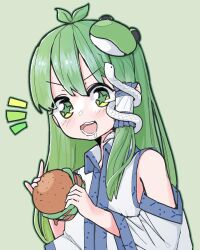 Rule 34 | 1girl, antenna hair, bare shoulders, blush, burger, collared shirt, detached sleeves, food, frog hair ornament, green eyes, green hair, hair ornament, hair tubes, happy, highres, holding, holding burger, holding food, kochiya sanae, light blush, long hair, open mouth, saliva, shirt, simple background, single hair tube, single sidelock, smile, snake hair ornament, solo, star (symbol), star in eye, symbol in eye, touhou, wrevhy