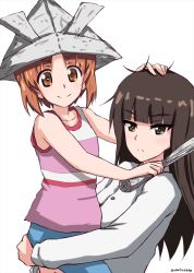 Rule 34 | 2girls, aged down, armor, blue shorts, blunt bangs, brown eyes, brown hair, carrying, child carry, commentary, dress shirt, frown, girls und panzer, hand on another&#039;s head, hand on another&#039;s shoulder, helmet, highres, holding, japanese armor, kabuto (helmet), long sleeves, looking at viewer, mother and daughter, multiple girls, newspaper, nishizumi miho, nishizumi shiho, omachi (slabco), one-hour drawing challenge, open mouth, paper hat, pink shirt, shirt, short hair, shorts, simple background, smile, straight hair, tank top, twitter username, upper body, white background, white shirt