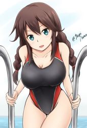 Rule 34 | 10s, 1girl, braid, breasts, brown hair, cleavage, competition swimsuit, female focus, fuuma nagi, green eyes, highleg, highleg swimsuit, kantai collection, large breasts, long hair, looking at viewer, noshiro (kancolle), one-piece swimsuit, pool, solo, swimsuit, twin braids, twitter username