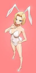 Rule 34 | 1girl, absurdres, android 18, animal ears, aqua eyes, bare hips, bare shoulders, blonde hair, breasts, choker, cleavage, collar, dragon ball, dragon ball (classic), earrings, fake animal ears, hand on own hip, hand on own chest, high heels, highres, jewelry, kiritzugu, leotard, long legs, looking at viewer, looking up, parted bangs, pink background, playboy bunny, rabbit ears, rabbit tail, raised eyebrows, short hair, simple background, skin tight, skindentation, solo, tail, white leotard
