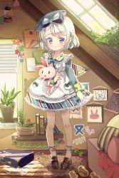 Rule 34 | 1girl, apron, aqua eyes, bad id, bad pixiv id, briefcase, dress, dust, flower pot, hair ribbon, hat, highres, indoors, kneehighs, loafers, looking at viewer, original, plant, potted plant, ribbon, sad, shoes, short hair, shuf, sleeve cuffs, smile, socks, solo, stuffed animal, stuffed rabbit, stuffed toy, tears, white hair, window, windowsill