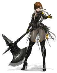Rule 34 | 1girl, axe, bamuth, black choker, black footwear, bodysuit, boots, breasts, brown hair, choker, closed mouth, commentary, commission, english commentary, full body, gloves, grey bodysuit, hair over one eye, high heel boots, high heels, highres, holding, holding weapon, huge weapon, long hair, looking at viewer, makeup, mascara, medium breasts, original, partially unzipped, red eyes, simple background, smile, solo, standing, swept bangs, thigh boots, thighhighs, weapon, white background, yellow gloves