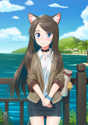 Rule 34 | 1girl, absurdres, aina (mao lian), animal ear fluff, animal ears, bag, bag charm, black skirt, blue eyes, blue sky, brown hair, brown jacket, cat ears, cat tail, charm (object), closed mouth, cloud, day, eyeshadow, highres, jacket, long hair, long sleeves, looking at viewer, lossy-lossless, makeup, mao lian (nekokao), miniskirt, ocean, open clothes, open jacket, original, outdoors, own hands together, pencil skirt, railing, scrunchie, shirt, shoulder bag, skirt, sky, smile, solo, standing, tail, v arms, white shirt, wrist scrunchie