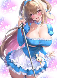 Rule 34 | 1girl, ayaginu temari, blonde hair, blush, breasts, choker, cleavage, collarbone, commentary request, hair ornament, highres, idol, isekai tensei shite v ni narimashita, large breasts, long hair, long sleeves, looking at viewer, microphone, nail polish, open mouth, pink nails, red eyes, solo, studiopokotan, thighhighs, two side up, virtual youtuber, white thighhighs