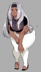 Rule 34 | 1girl, agawa ryou, breasts, cleavage, commentary, dark-skinned female, dark skin, english commentary, eyebrows, full body, green eyes, grey background, headband, large breasts, leaning forward, long hair, looking at viewer, original, pants, plump, silver hair, simple background, solo, standing, thick thighs, thighs, white pants, wide hips