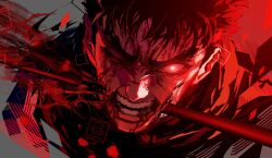 1boy armor artist_logo artist_name berserk black_hair blood commentary english_commentary glowing glowing_eyes guts_(berserk) highres injury looking_at_viewer male_focus maskoo185826 one-eyed open_mouth red_eyes scar scar_on_face scar_on_nose short_hair solo stab