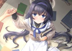 Rule 34 | 1girl, 1other, aomi one, black hair, blue archive, blue eyes, blush, book, commentary request, crossed bangs, headband, highres, holding, holding book, holding hands, jewelry, long hair, long skirt, looking at viewer, necklace, pov, pov hands, school uniform, skirt, solo focus, sweater, ui (blue archive)