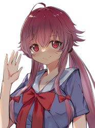 Rule 34 | 1girl, absurdres, blood, blood on clothes, blood on face, blue shirt, blush, bow, breasts, closed mouth, collarbone, gasai yuno, highres, large breasts, long hair, looking at viewer, mirai nikki, orobou, pink eyes, pink hair, red bow, red ribbon, ribbon, school uniform, shirt, short sleeves, sidelocks, simple background, smile, solo, twintails, upper body, waving, white background