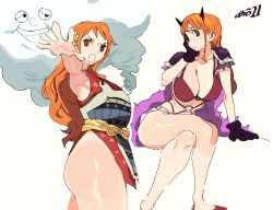 Rule 34 | 1girl, absurdres, armor, armpits, artist name, ass, bikini, bikini top only, black horns, breasts, brown eyes, cape, cloud, crossed legs, flower, hair flower, hair ornament, highres, horns, invisible chair, large breasts, long hair, multiple views, nami (one piece), one piece, orange hair, pauldrons, red bikini, shoulder armor, simple background, sitting, swimsuit, white background, whoopsatro, yellow flower