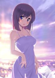 Rule 34 | 1girl, :d, backlighting, bag, bare arms, blue eyes, blurry, blurry background, blush, breasts, brown hair, cleavage, collarbone, cowboy shot, day, dress, furuyama itaru, hair between eyes, highres, long hair, looking at viewer, medium breasts, open mouth, original, outdoors, purple dress, see-through, see-through dress, see-through silhouette, sleeveless, sleeveless dress, smile, solo, spaghetti strap, standing, straight hair, sundress