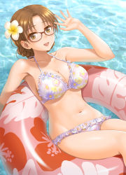 Rule 34 | 1girl, :d, afloat, bikini, braid, breasts, brown eyes, brown hair, collarbone, day, floral print, flower, frilled bikini, frills, hair flower, hair ornament, halterneck, hand up, hida tatsuo, hoshina tomoko, innertube, looking at viewer, lying, medium breasts, navel, on back, open mouth, outdoors, parted bangs, print bikini, smile, solo, swim ring, swimsuit, to heart, to heart (series), water, waving