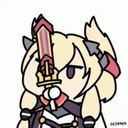 Rule 34 | &gt; &lt;, 1girl, animated, animated gif, azur lane, dual wielding, holding, lowres, open mouth, seseren, sword, warspite (azur lane), weapon