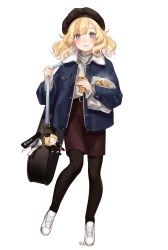 Rule 34 | 1girl, absurdres, bad id, bad twitter id, bag, beret, black hat, black pantyhose, black skirt, blonde hair, blue eyes, blue jacket, blush, breast pocket, character doll, character request, commentary request, copyright request, denim, denim jacket, food, full body, hat, highres, holding, holding food, jacket, korean commentary, long sleeves, looking at viewer, open clothes, open jacket, open mouth, pantyhose, pocket, shan, shirt, shoes, skirt, smile, sneakers, solo, striped clothes, striped shirt, taiyaki, thick eyebrows, wagashi, white footwear, white shirt