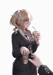 Rule 34 | 1girl, bad id, bad pixiv id, barbara (genshin impact), bendy straw, black jacket, black neckwear, blue eyes, blush, breasts, brown hair, character name, closed mouth, collared shirt, cup, disposable cup, drinking straw, formal, genshin impact, grey background, hair between eyes, highres, holding, holding cup, id card, jacket, lanyard, long sleeves, looking away, necktie, out of frame, shirt, simple background, skirt, skirt suit, small breasts, solo focus, suit, translation request, twintails, white shirt, yurichtofen